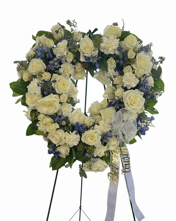 Blue & White Wreath — a wreath of blue and white blooms, calm and comforting