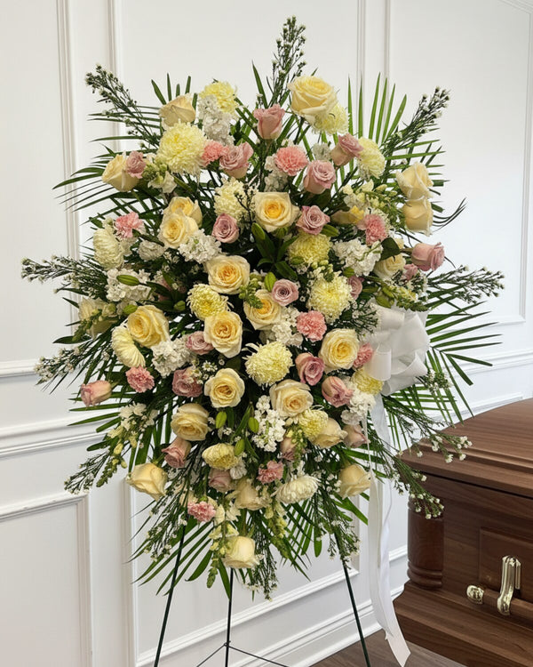 Yellow & White Standing Spray — a standing spray of yellow and white blooms, bright yet respectful