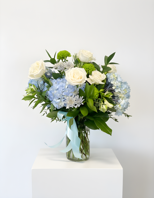 Baby Blue — soft blue, green and white arrangement for a new baby