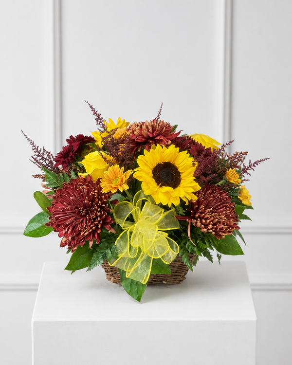 Bonfire — autumn basket with sunflowers, burgundy mums, and yellow ribbon