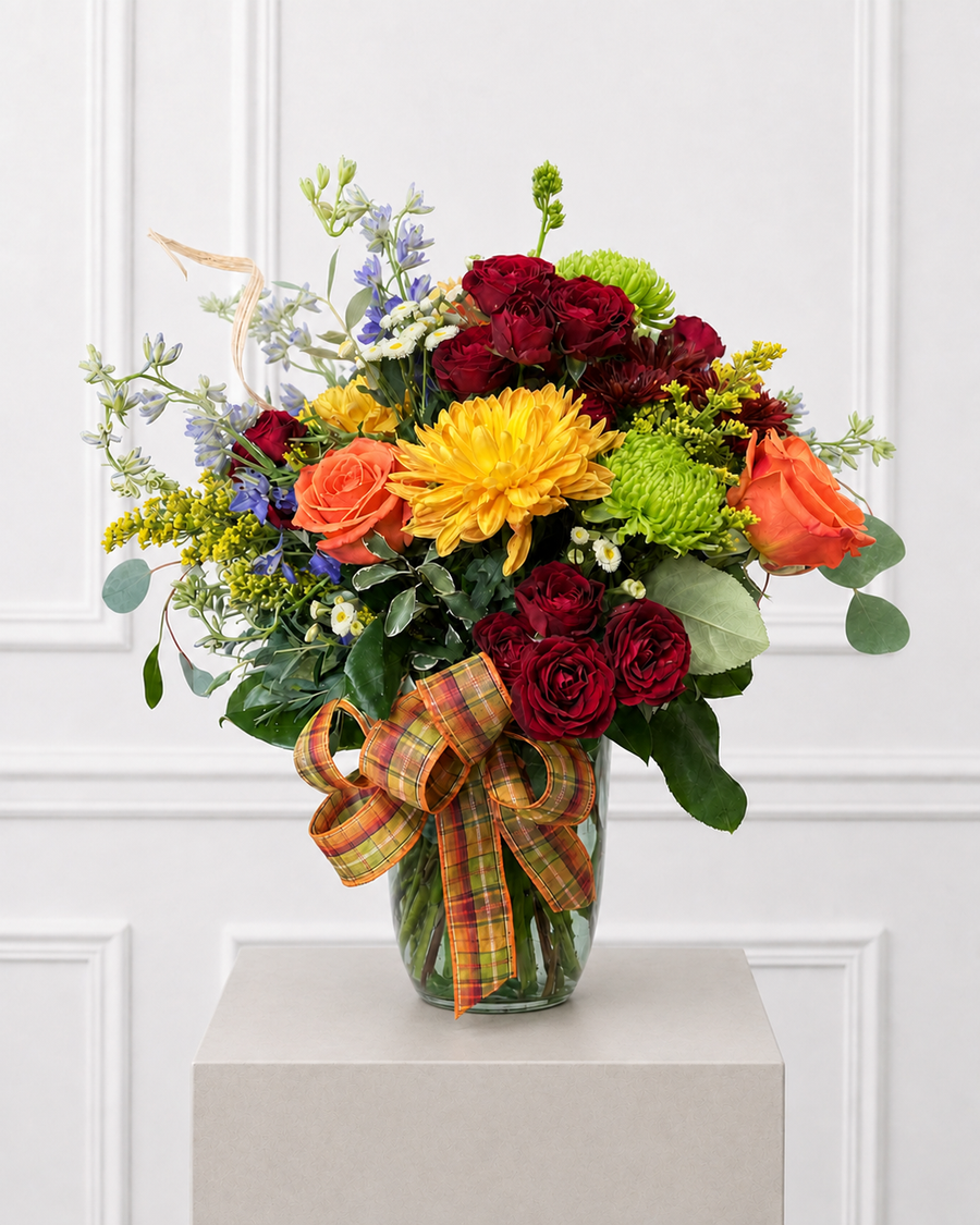 Cider Season — autumn vase with mums, roses, delphinium, and plaid ribbon