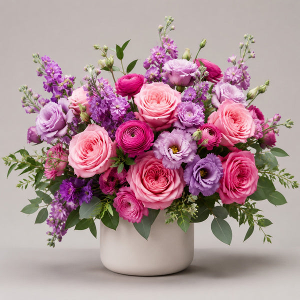Designer's Choice - Pinks & Purples — florist's-choice arrangement in soft pinks, blush and lavender with deeper purple accents, shown in our ceramic vase