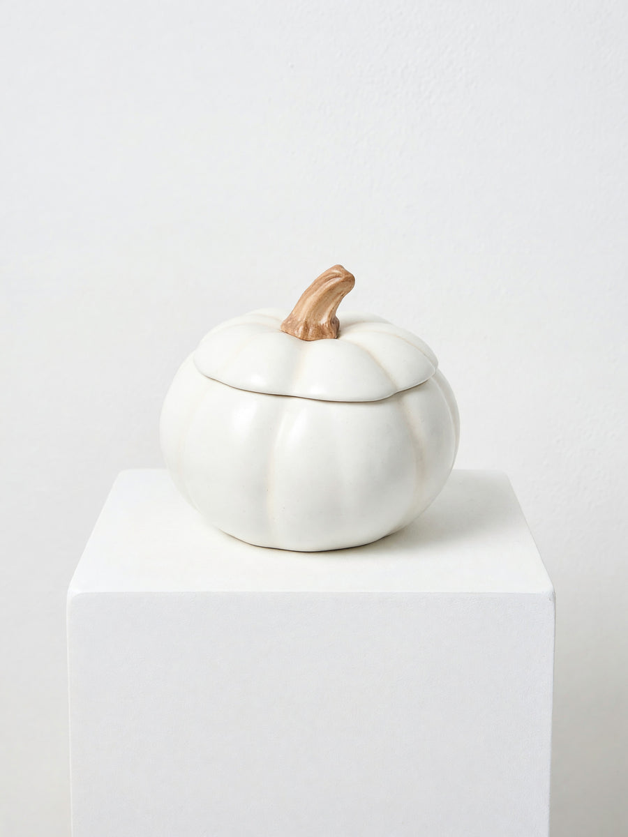 White ceramic pumpkin vase with a stem lid, Four Seasons Flower Shop